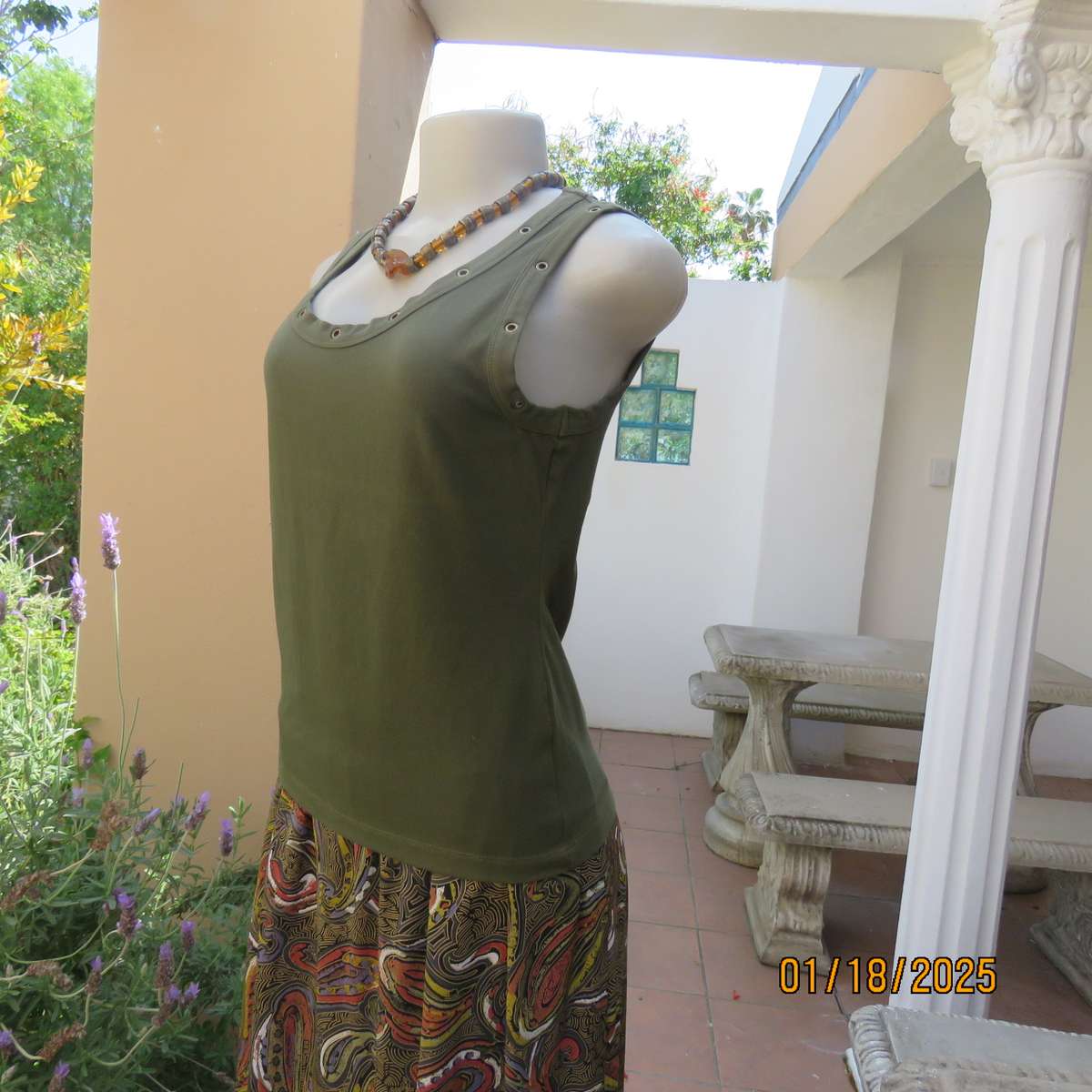 WOOLWORTHS olive green slip over cotton-lycra top.Size 38.Stud decoration. As new condition