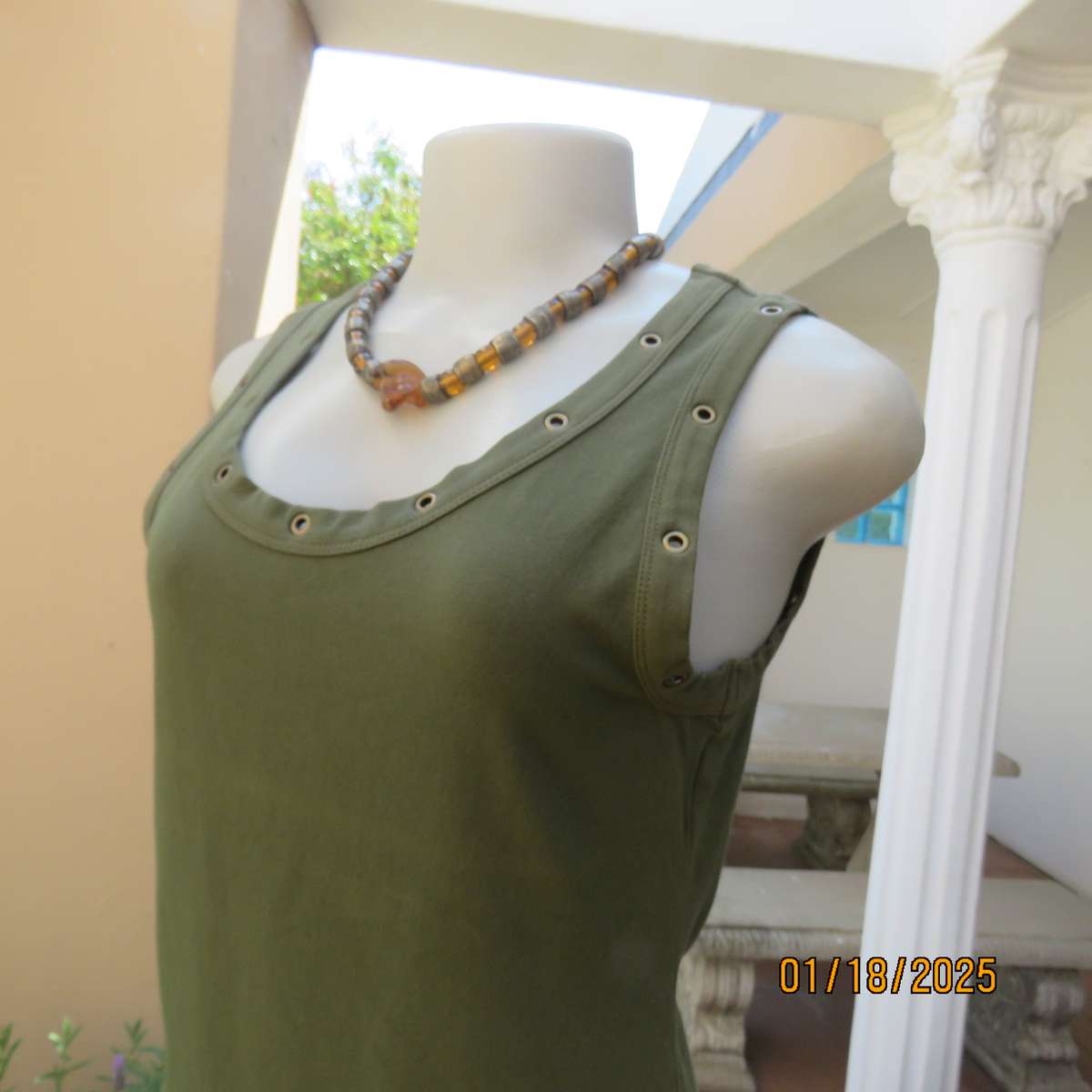 WOOLWORTHS olive green slip over cotton-lycra top.Size 38.Stud decoration. As new condition