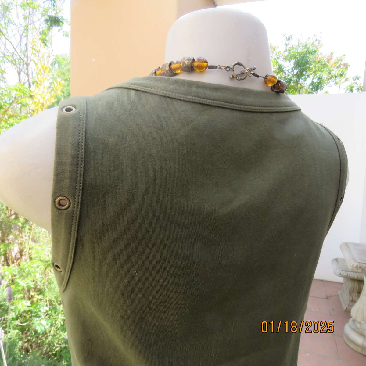 WOOLWORTHS olive green slip over cotton-lycra top.Size 38.Stud decoration. As new condition
