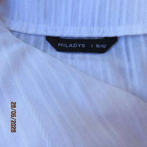 Miladys snow white slip-over cotton top with vertical embossed stripes, size 42