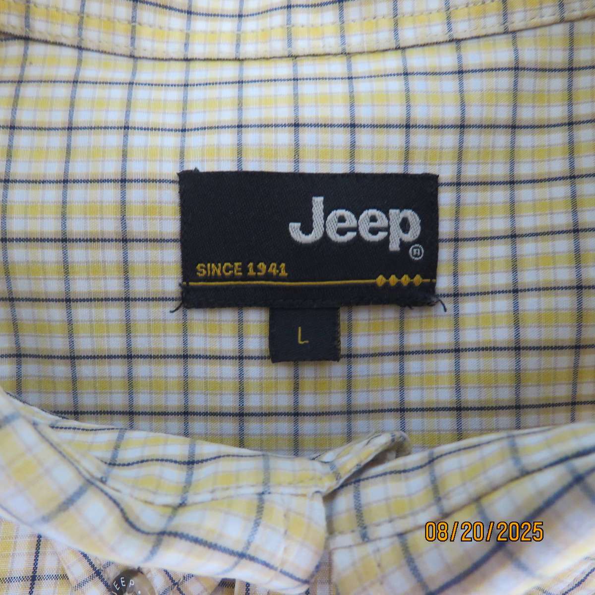 JEEP men's long sleeve yellow-olive-white check polycotton shirt. Size L. Free tie