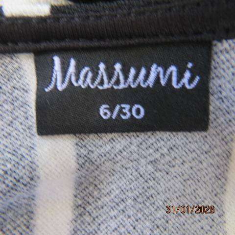 MASSUMI bodycon horizontal striped dress in black-white-beige. In stretch textured poly. Size 30