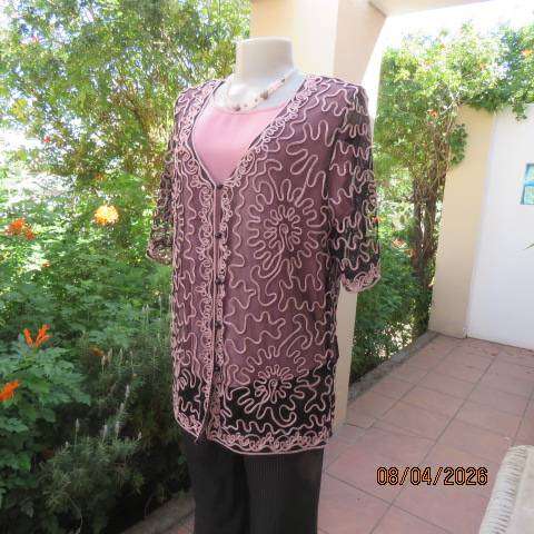 KKK black stretch netting short sleeve evening top with peach ribbon size 40