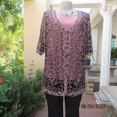 KKK black stretch netting short sleeve evening top with peach ribbon size 40