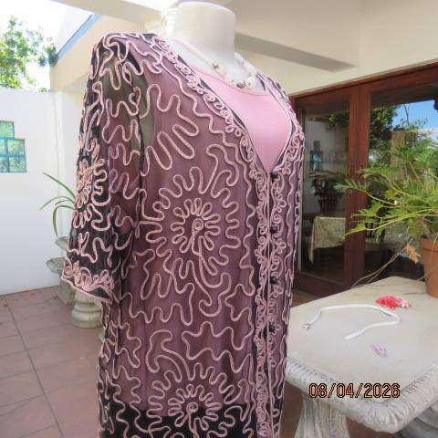 KKK black stretch netting short sleeve evening top with peach ribbon size 40