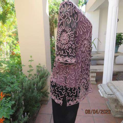 KKK black stretch netting short sleeve evening top with peach ribbon size 40