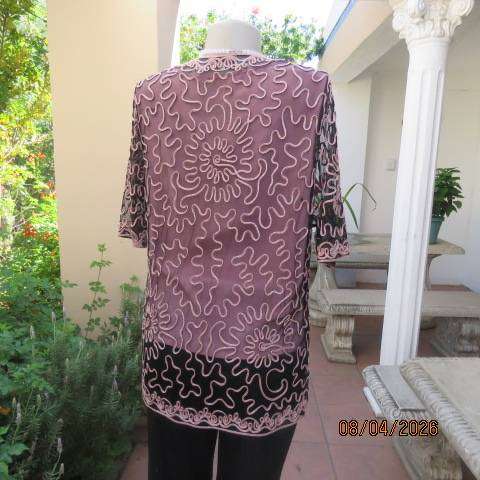 KKK black stretch netting short sleeve evening top with peach ribbon size 40