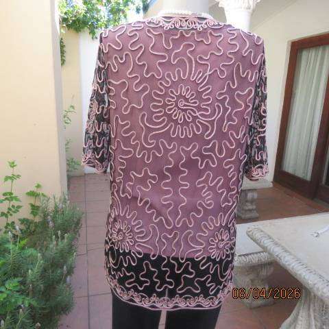 KKK black stretch netting short sleeve evening top with peach ribbon size 40