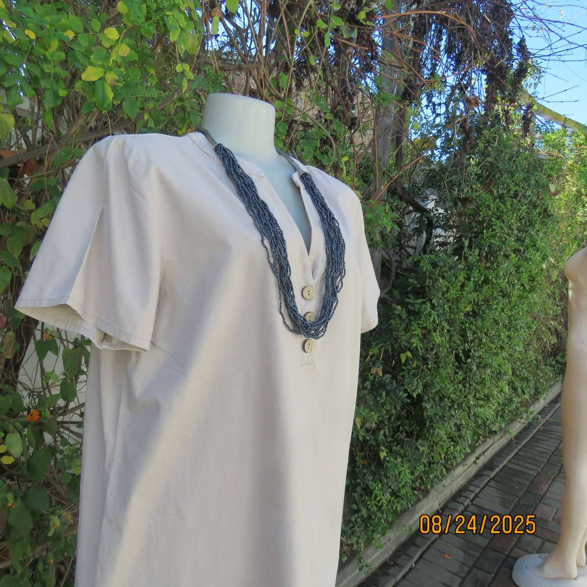 Ecru colour long loose top-short dress size 40 in cotton. V front.