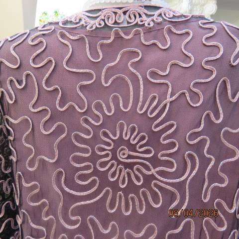 KKK black stretch netting short sleeve evening top with peach ribbon size 40