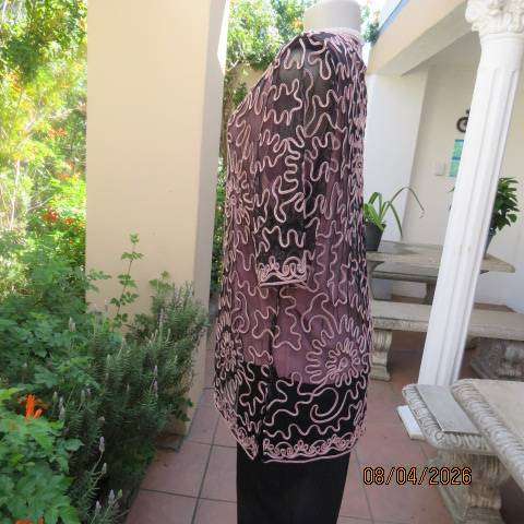 KKK black stretch netting short sleeve evening top with peach ribbon size 40