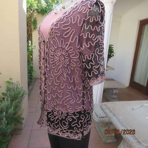 KKK black stretch netting short sleeve evening top with peach ribbon size 40