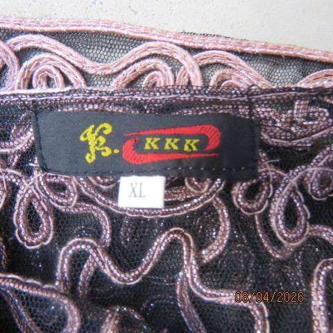 KKK black stretch netting short sleeve evening top with peach ribbon size 40