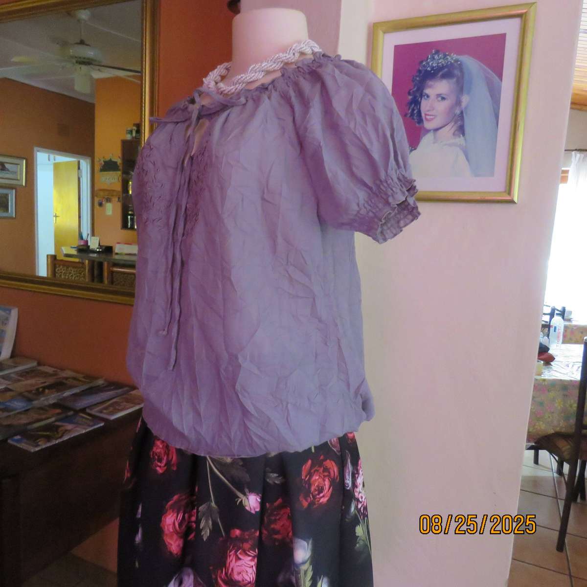 Silky grey colour peasant style creased cotton top size 40.