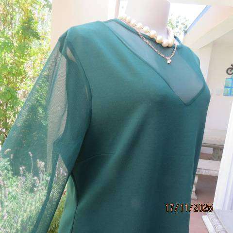 Hunters green long stretch polyester with sheer V inlay and sleeves. Size 42