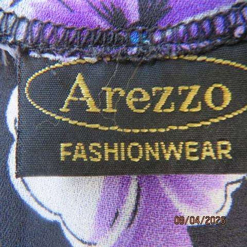 AREZZO black polyester V-neck slip-over top with purple violets, size 40