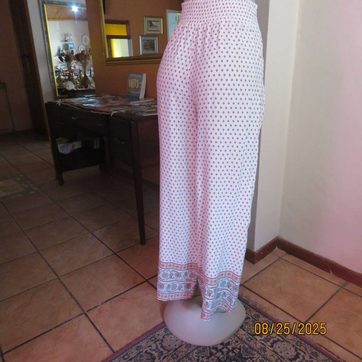 REAL Woman viscose wide legged cream pants with diamond pattern and border. Size 34