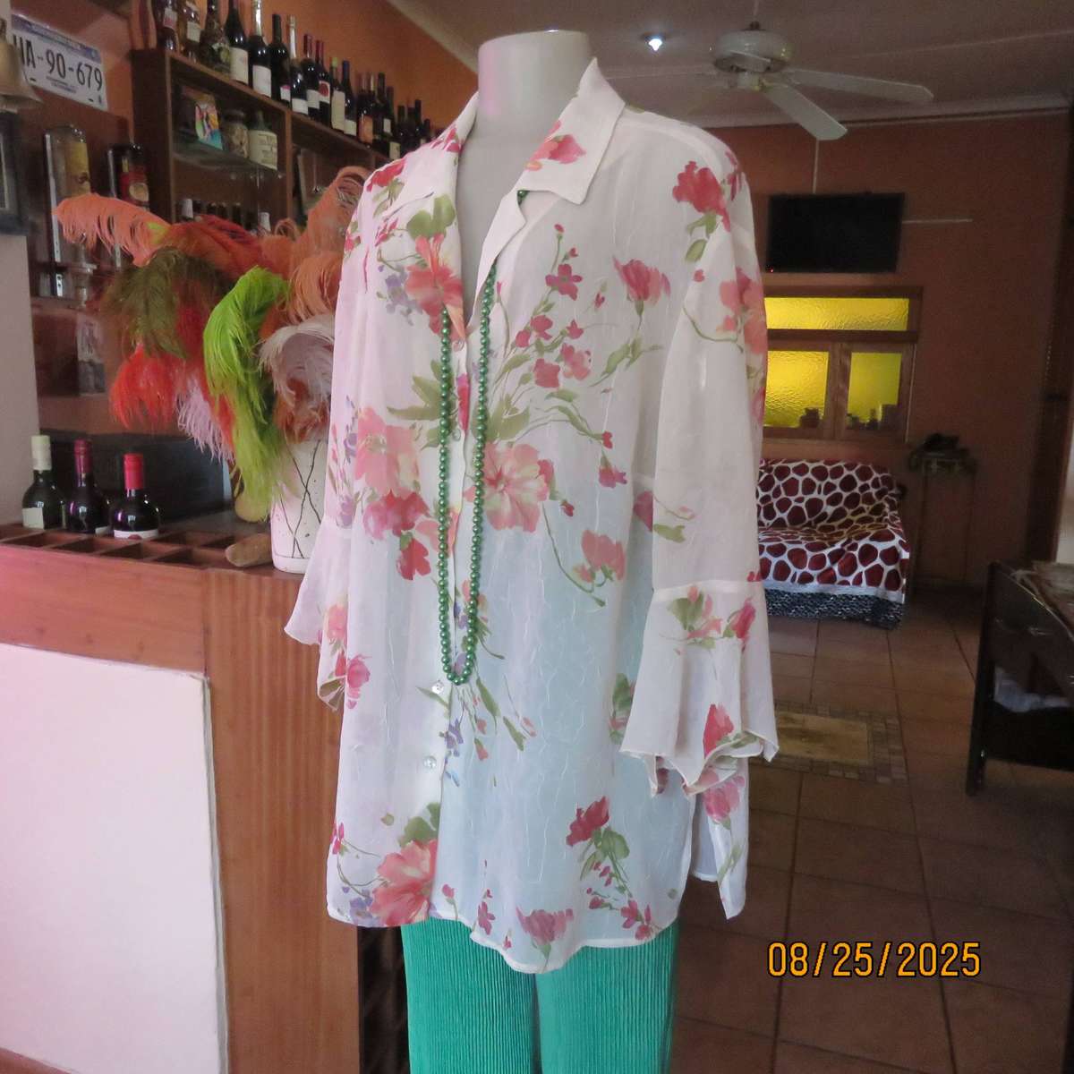 PENNY C white floral slightly creased button down top. Wide flare cuffs. Size 42-44