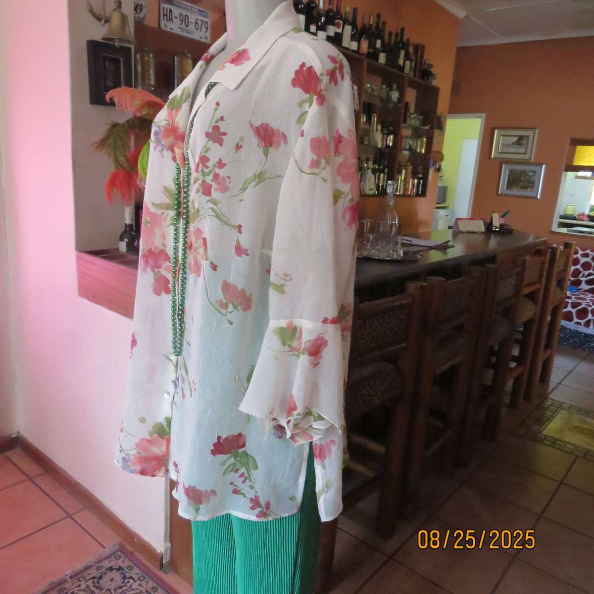 PENNY C white floral slightly creased button down top. Wide flare cuffs. Size 42-44