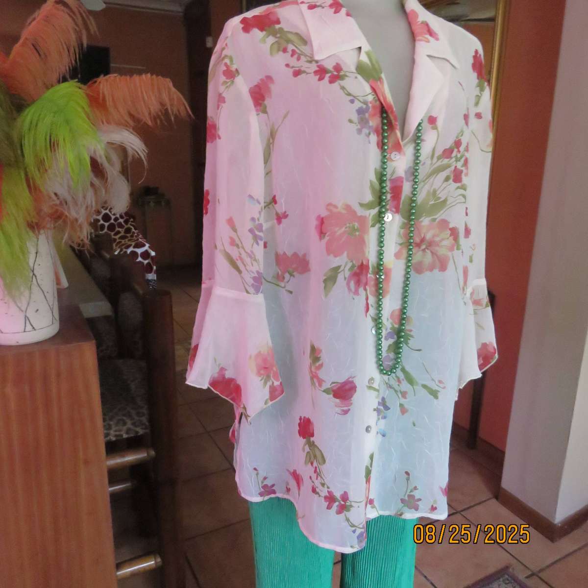 PENNY C white floral slightly creased button down top. Wide flare cuffs. Size 42-44