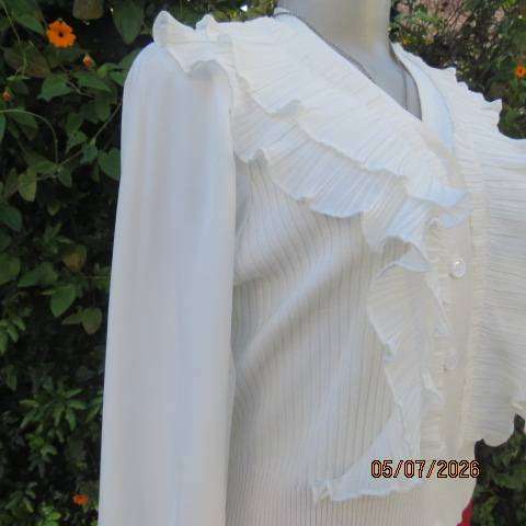 M M elegant off white long polyester puffed sleeve top with acrylic knit body and frills, size 36