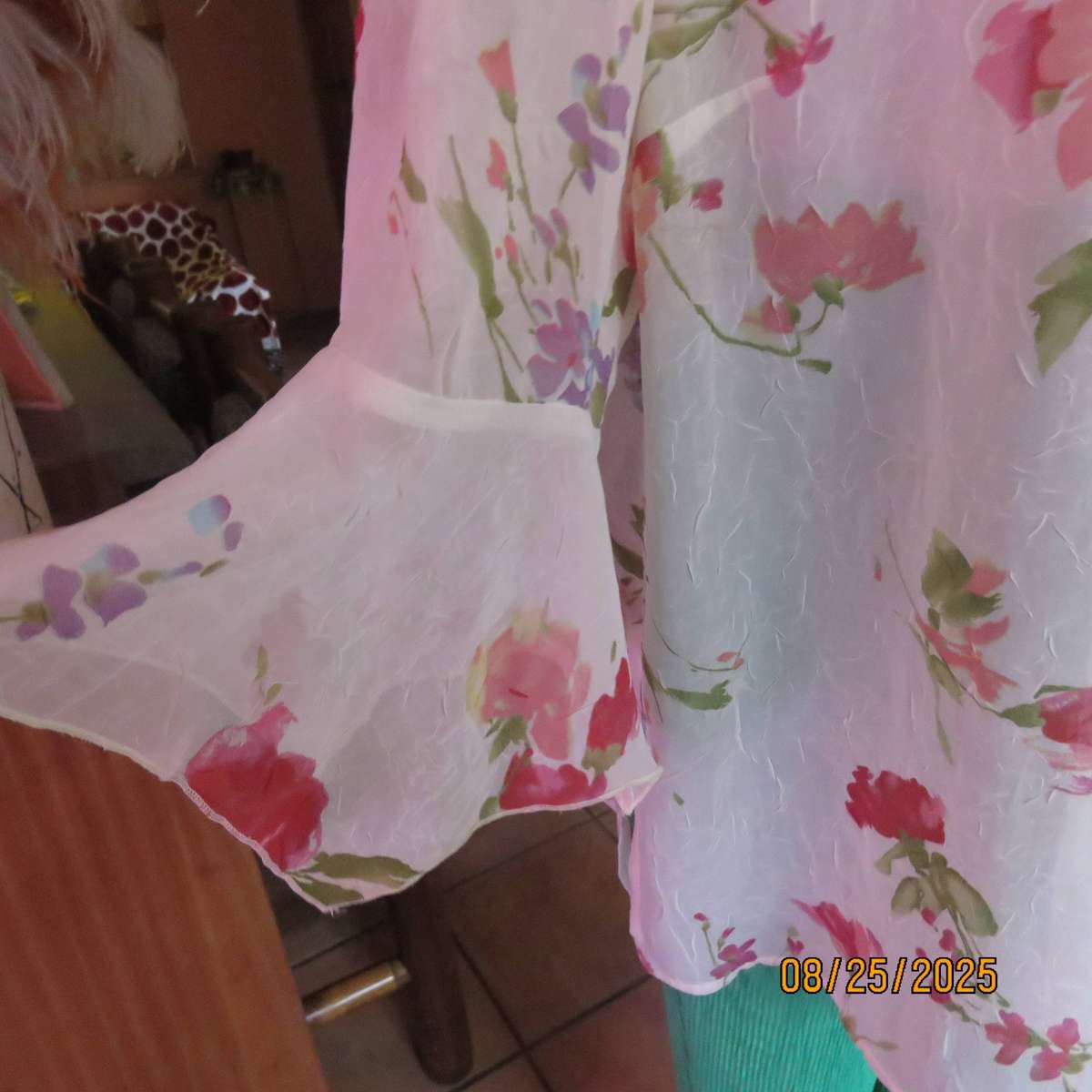 PENNY C white floral slightly creased button down top. Wide flare cuffs. Size 42-44