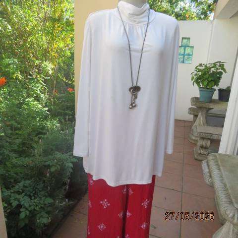 MILADYS white long sleeve viscose stretch top with front gathered turtle neck collar, size 44-46