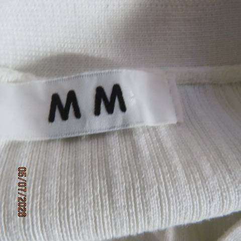 M M elegant off white long polyester puffed sleeve top with acrylic knit body and frills, size 36