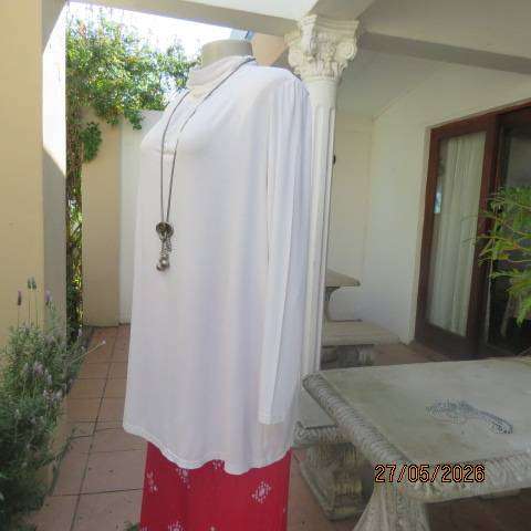 MILADYS white long sleeve viscose stretch top with front gathered turtle neck collar, size 44-46