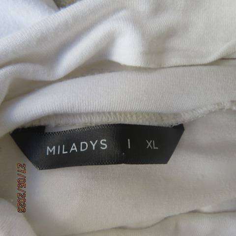 MILADYS white long sleeve viscose stretch top with front gathered turtle neck collar, size 44-46