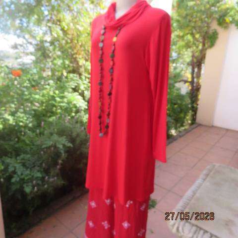 Red long viscose stretch long sleeve top with wide polo neck collar, size 36