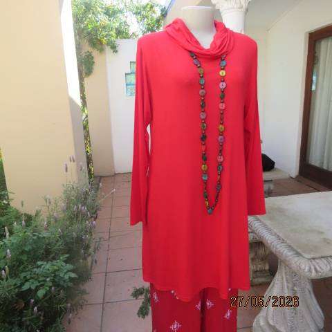 Red long viscose stretch long sleeve top with wide polo neck collar, size 36