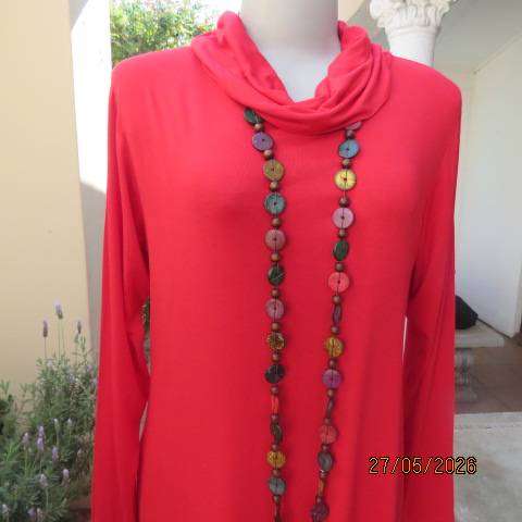 Red long viscose stretch long sleeve top with wide polo neck collar, size 36