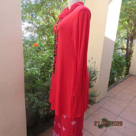 Red long viscose stretch long sleeve top with wide polo neck collar, size 36