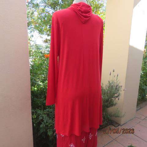Red long viscose stretch long sleeve top with wide polo neck collar, size 36