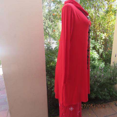 Red long viscose stretch long sleeve top with wide polo neck collar, size 36