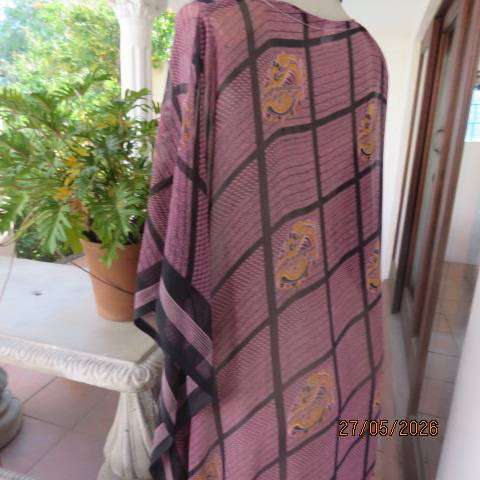 Maxi slip-over dress in large block pattern mulberry pink polyester with black. Free size