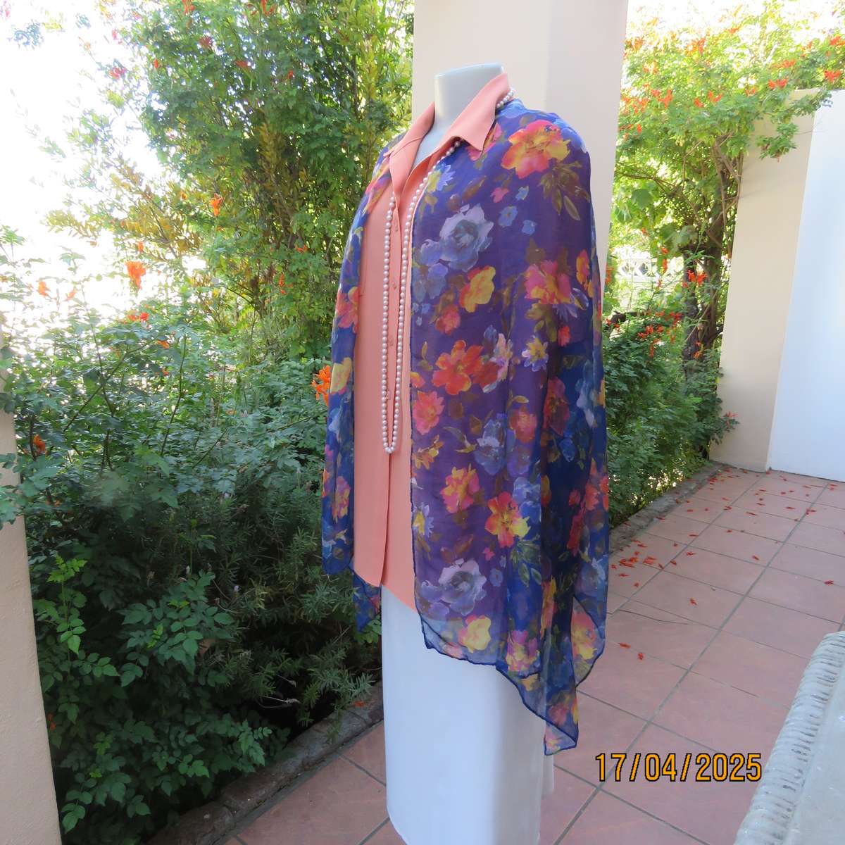 Royal blue 185 x 70cm soft polyester scarf with yellow-orange-blue flowers,. New