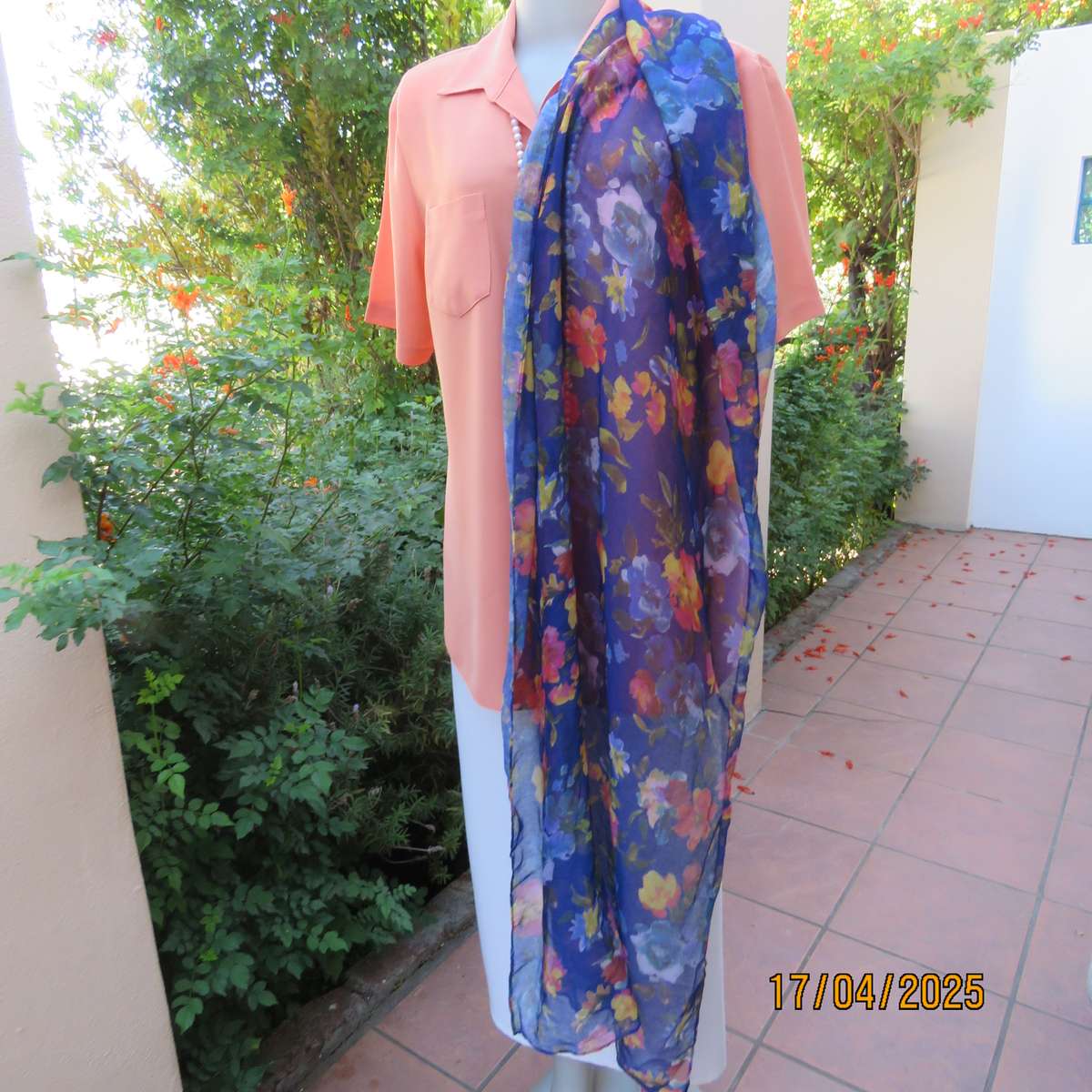Royal blue 185 x 70cm soft polyester scarf with yellow-orange-blue flowers,. New