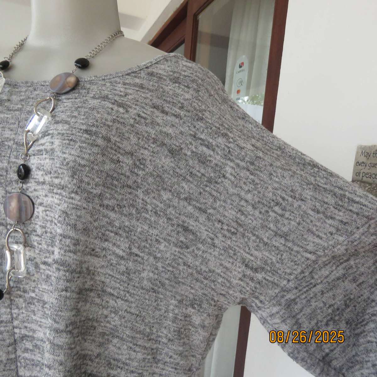 Mottled grey long sleeve slip over long sleeve woven stretch polyester top size 40.