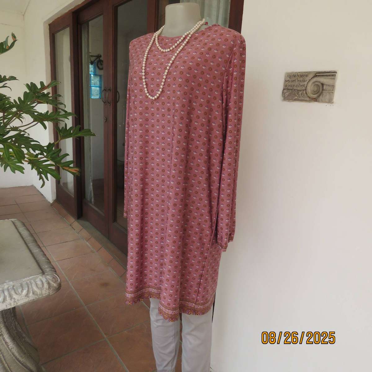 REAL Woman coral loose long top-short dress with tiny mustard-blue print. Size 42