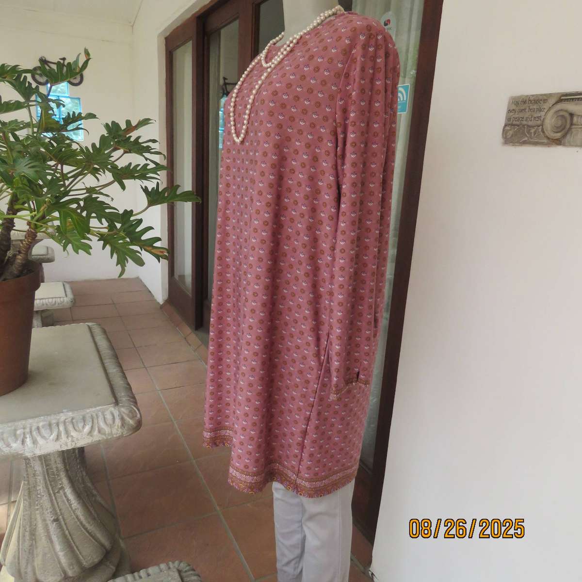 REAL Woman coral loose long top-short dress with tiny mustard-blue print. Size 42