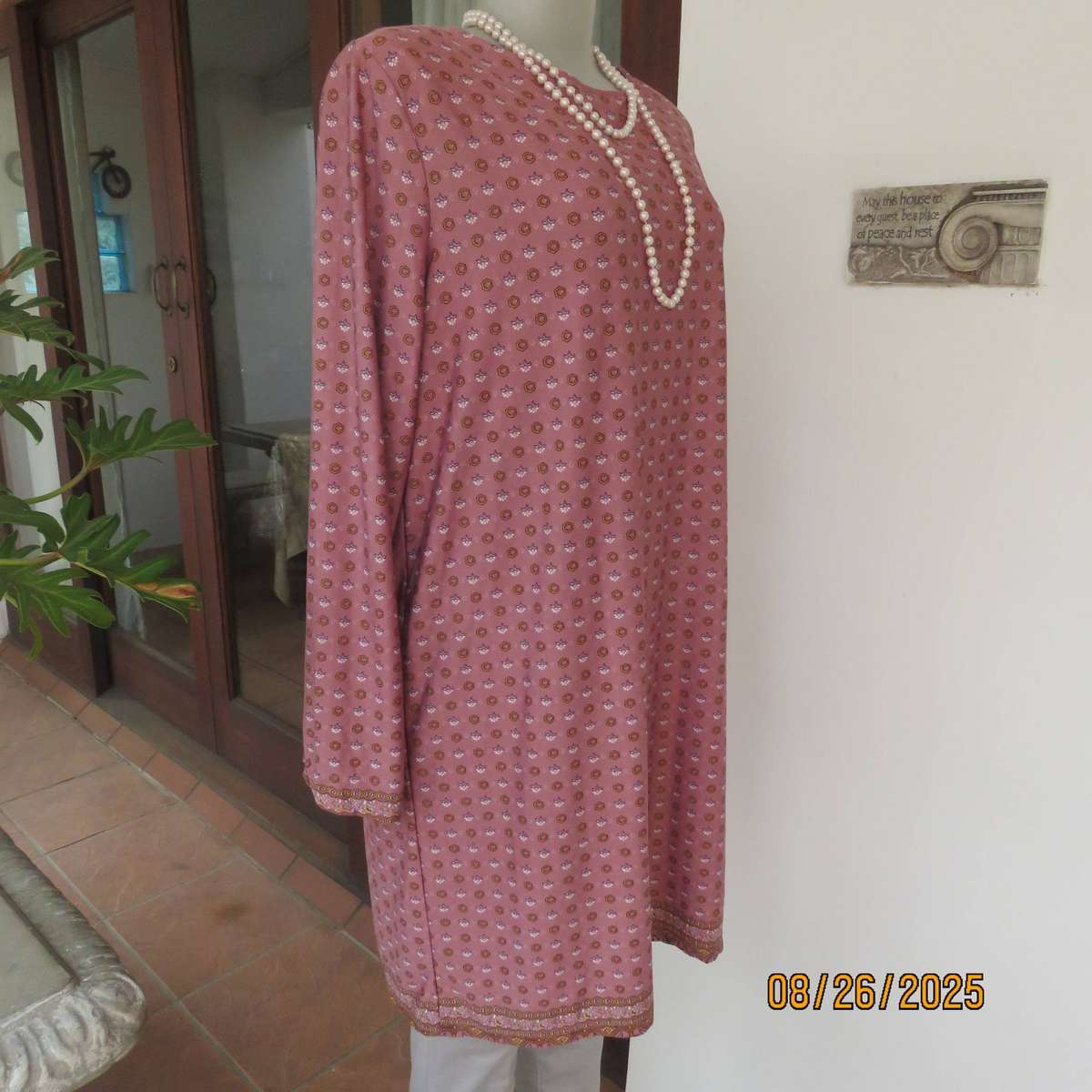 REAL Woman coral loose long top-short dress with tiny mustard-blue print. Size 42