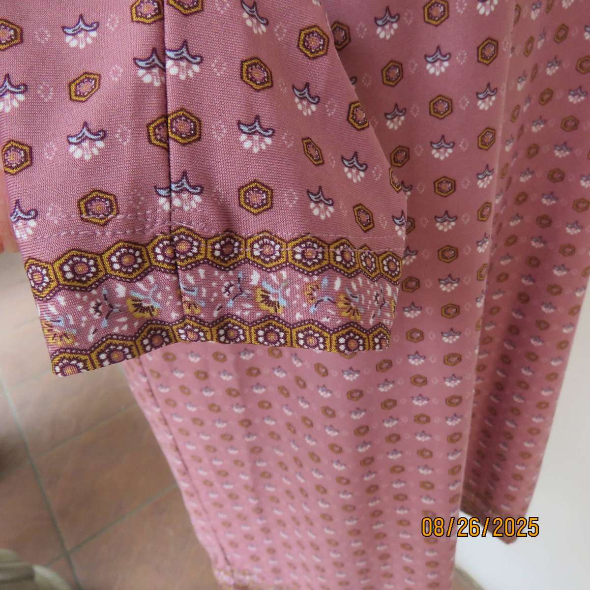 REAL Woman coral loose long top-short dress with tiny mustard-blue print. Size 42