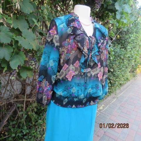 OASIS slip over blouson sheer polyester top wide elasticated hem. Frilled banded neckline. Size 36