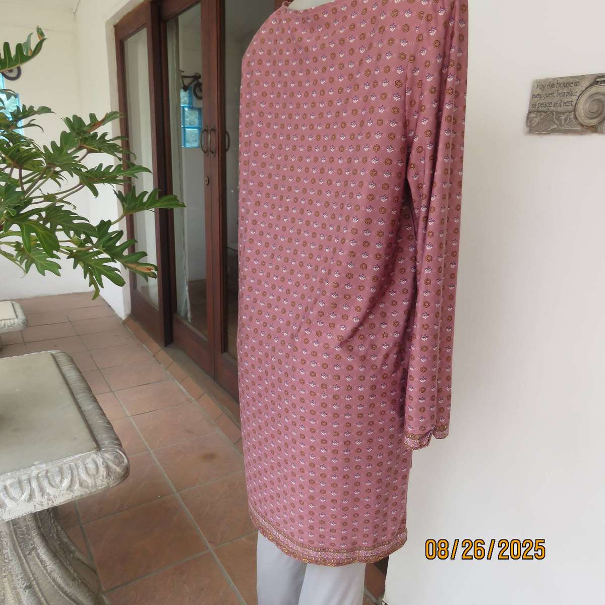 REAL Woman coral loose long top-short dress with tiny mustard-blue print. Size 42