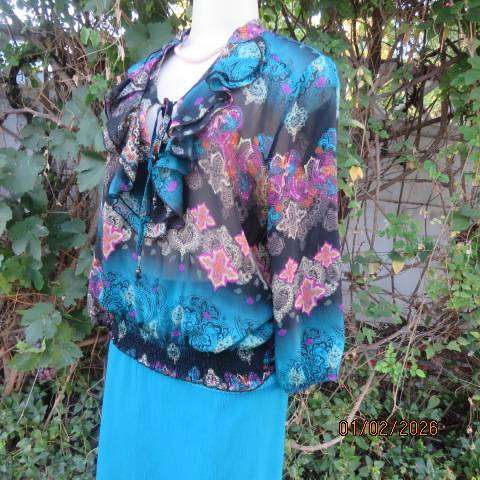 OASIS slip over blouson sheer polyester top wide elasticated hem. Frilled banded neckline. Size 36