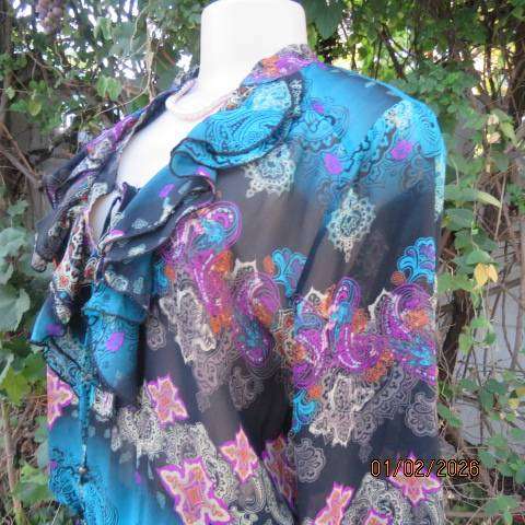 OASIS slip over blouson sheer polyester top wide elasticated hem. Frilled banded neckline. Size 36