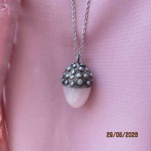 Vintage style acorn pendant necklace with rose quartz nut and silver alloy cap