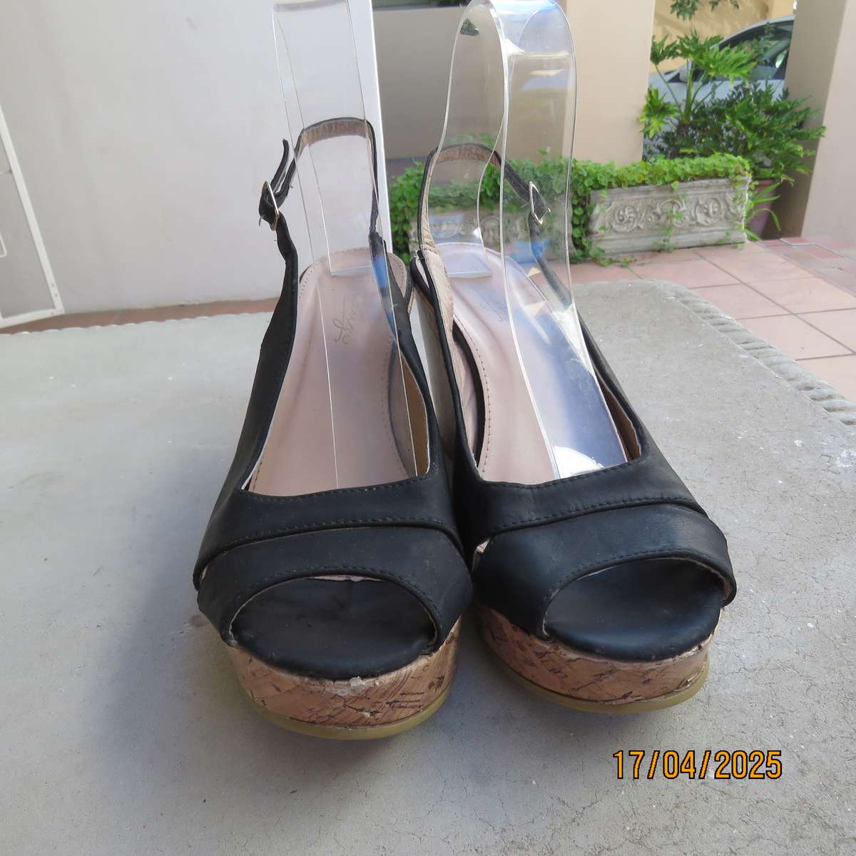 Black faux leather open toe sandals with cork wedge heels size 8. Good Cond.